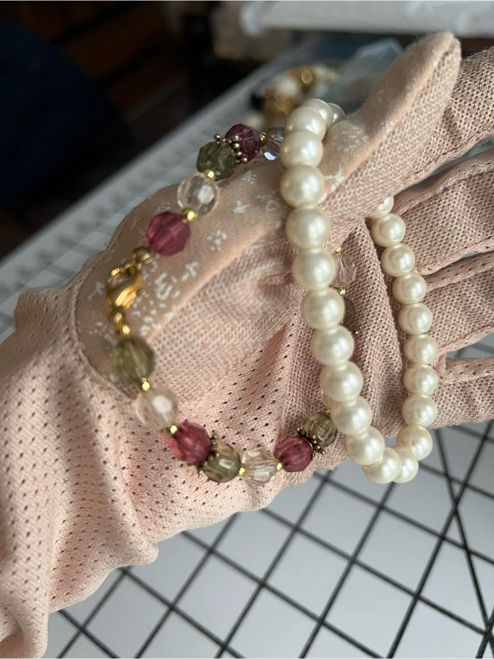 Vintage Faux Pearl & Multicolored Faceted Glass Bead Bracelet Set Lot of 2